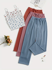 Floral Print Lounge Set Cami Top & Waffle Pants Women's Loungewear