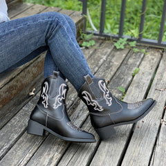 Embroidered Chunky Heeled Ankle Boots Slip On Western Boots
