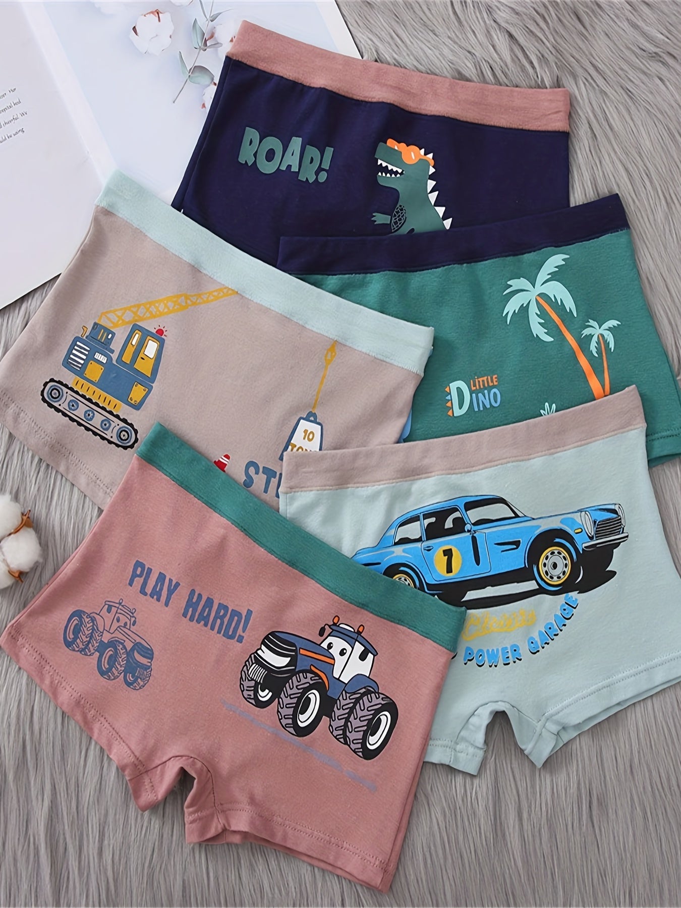 5pcs Boys Teen Cartoon Print Cotton Boxer Briefs Underwear
