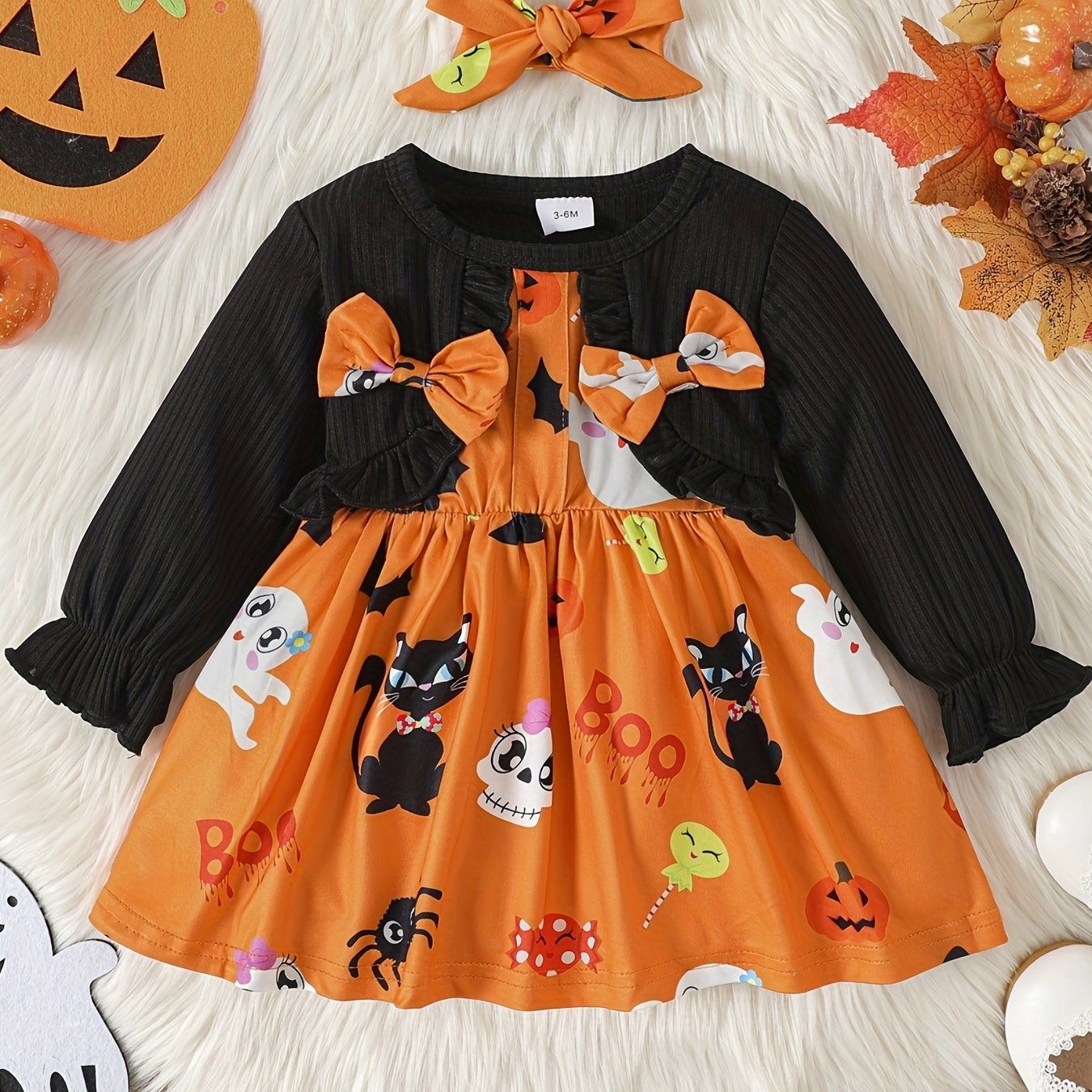 Halloween Baby Girls Long Sleeve Dress Cartoon Animal Print