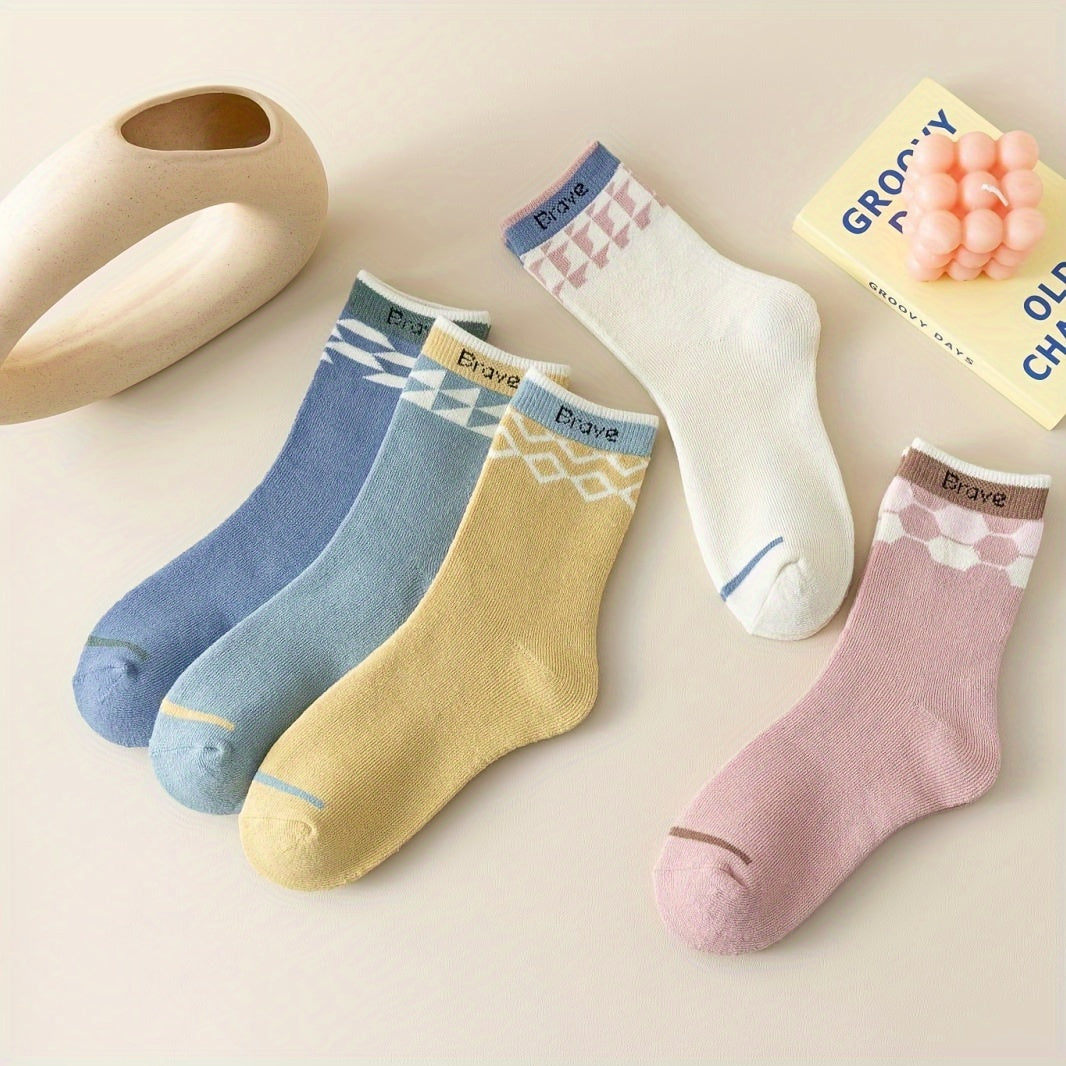 5 Pairs Geometric Pattern Socks Warm Mid Tube Women's Stocking