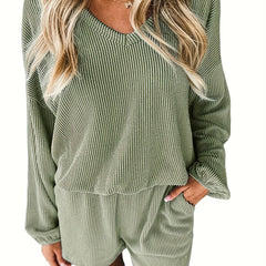Women's Plus Solid Ribbed V Neck Top & Shorts 2 Piece Set