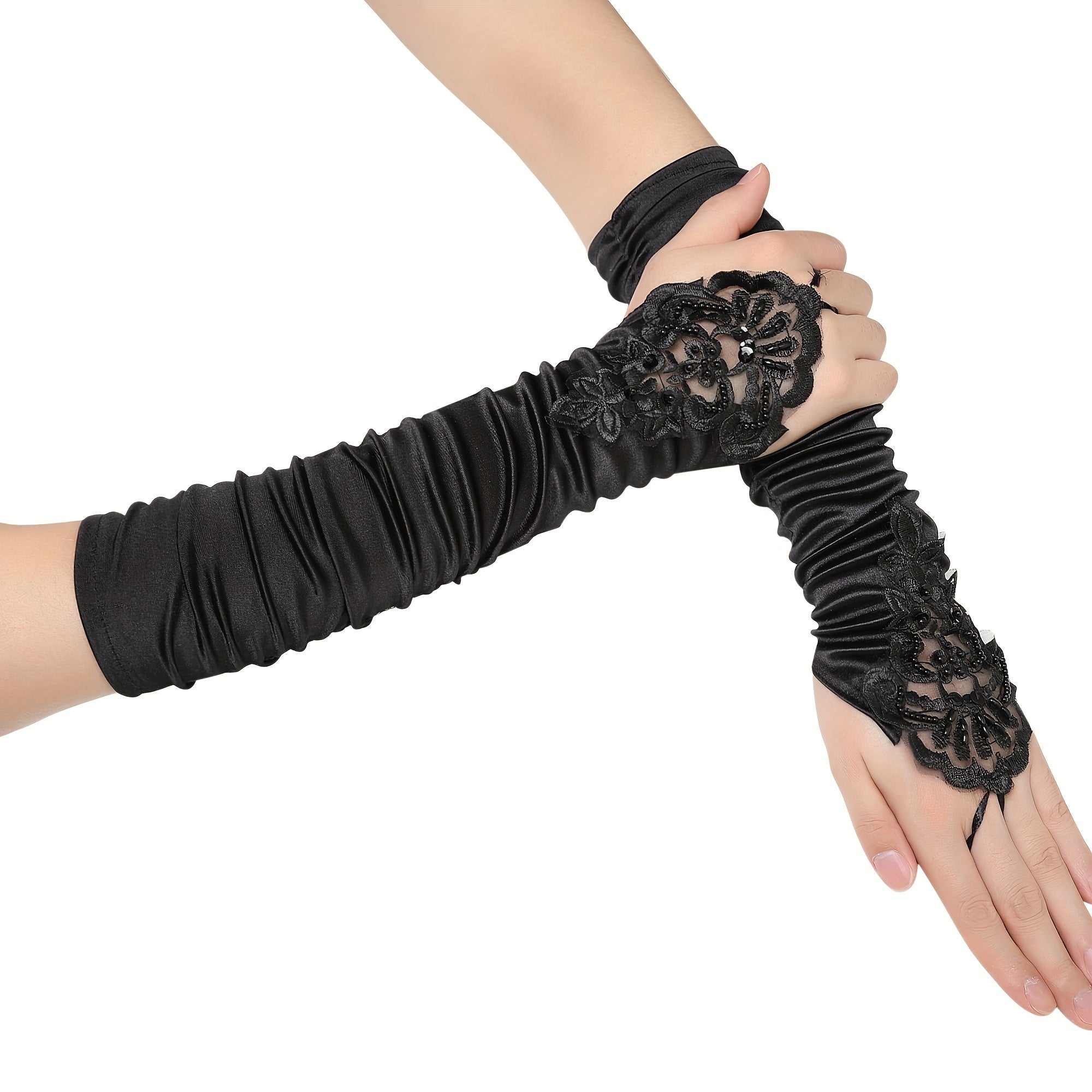 Vintage Floral Lace Gloves with Rhinestone Detail