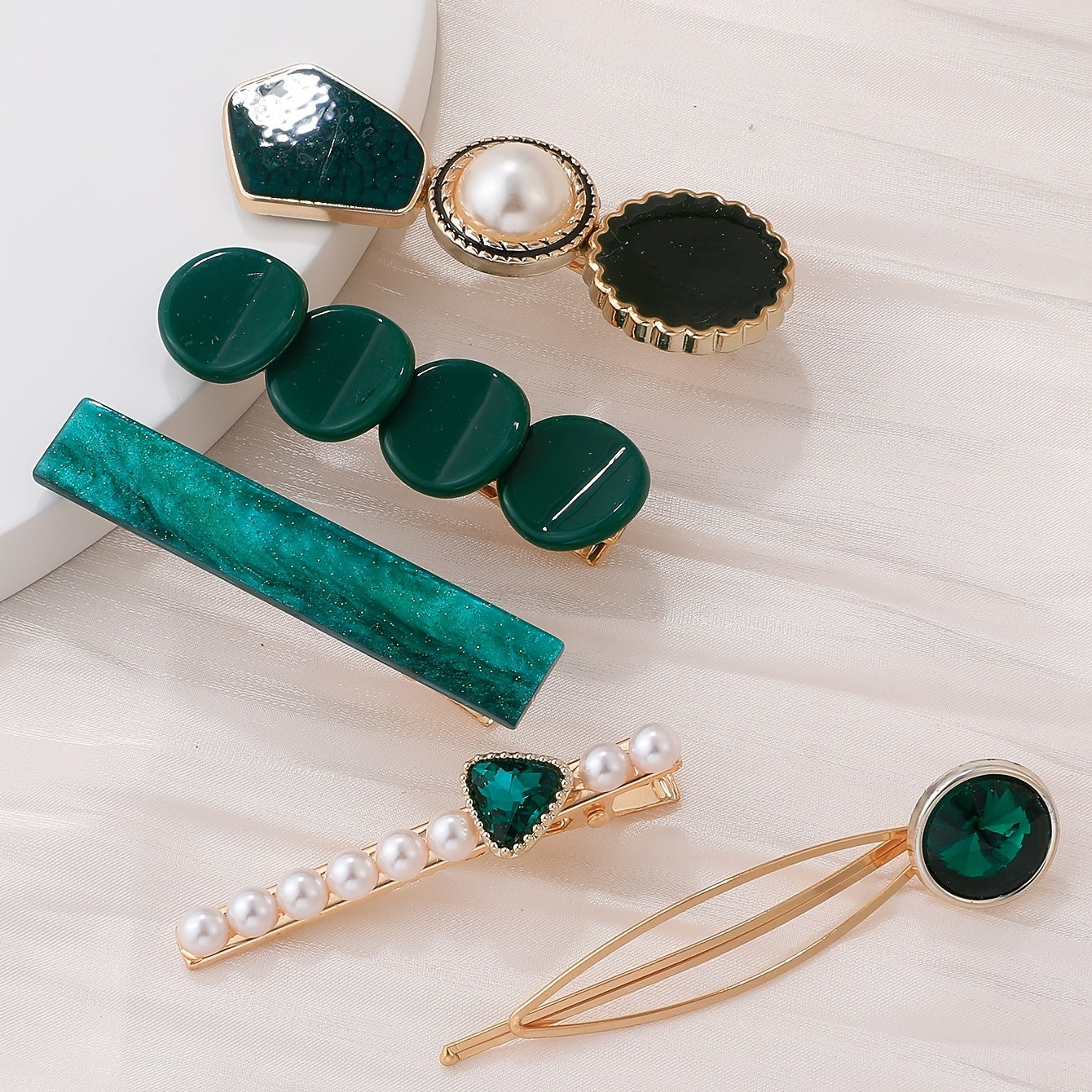 Vintage Green Hair Clip Faux Pearl Rhinestone Acrylic Hair Accessories