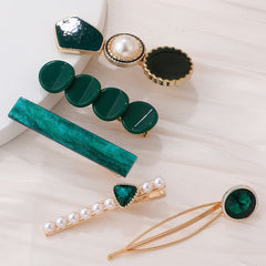 Vintage Green Hair Clip Faux Pearl Rhinestone Acrylic Hair Accessories