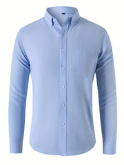 Solid Men's Casual Button Up Long Sleeve Shirt With Pocket