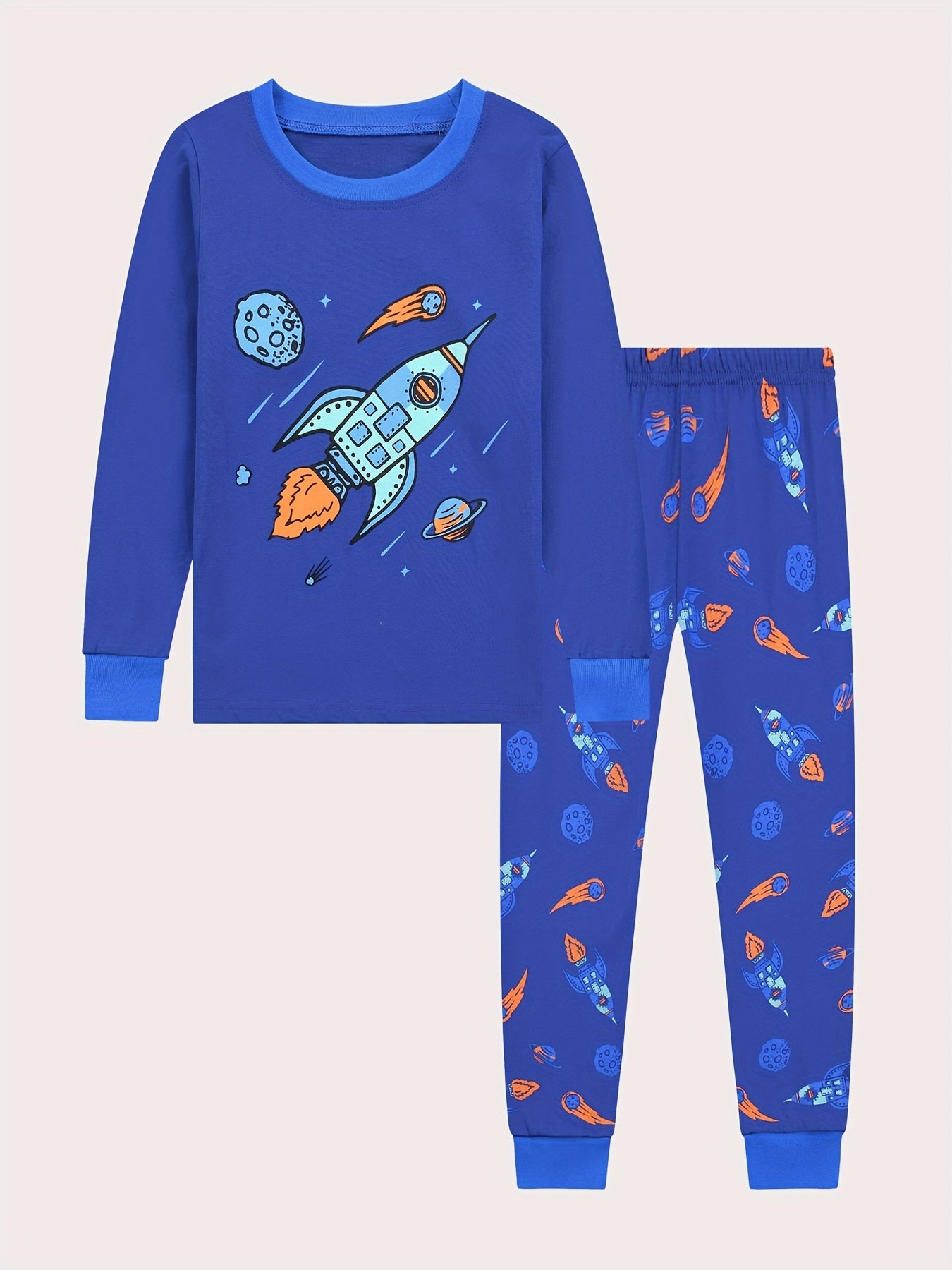 Rocket Pattern Kid's Pajamas Long Sleeve Top & Pants Set