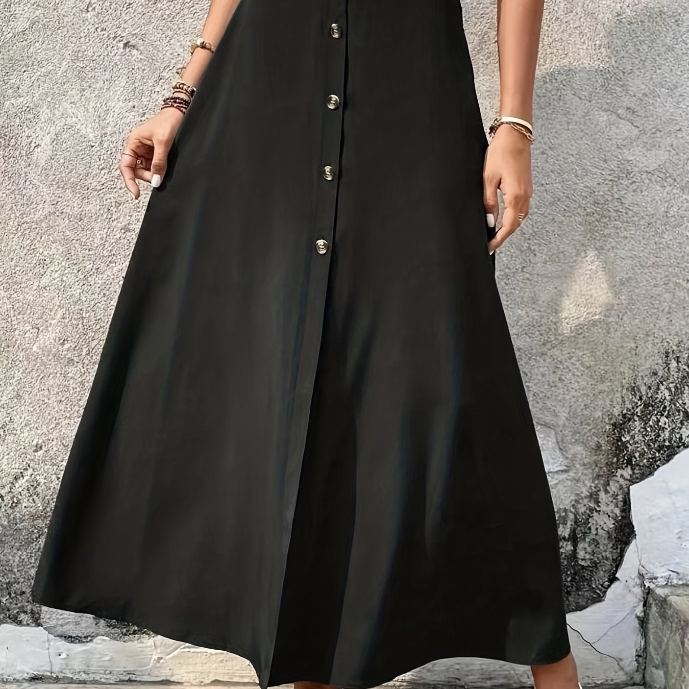 Button Front Slit Skirt Elastic Waist Casual Summer Women's Clothing