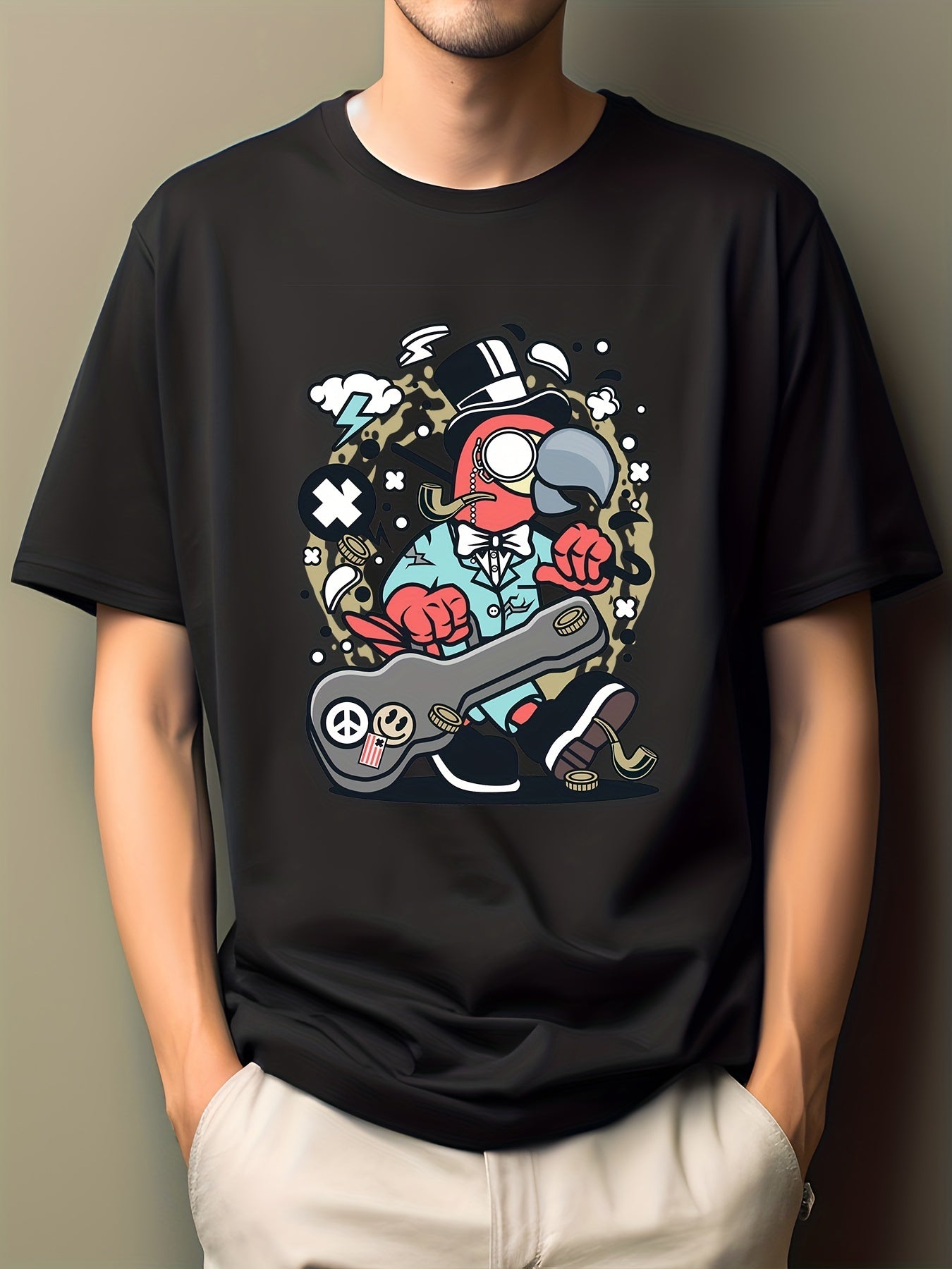 Men's Bird Guitar Print T-shirt Active Casual Crew Neck Tee