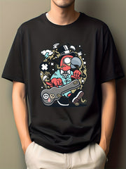 Men's Bird Guitar Print T-shirt Active Casual Crew Neck Tee