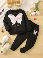 Girl's Butterfly Pattern Hoodie & Sports Pants Set