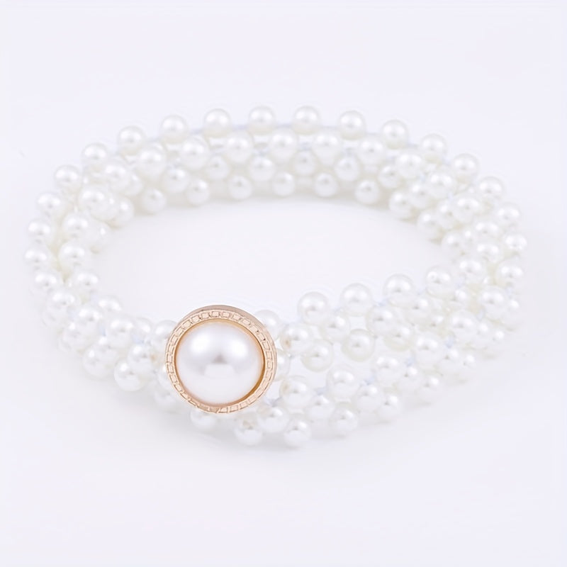 Faux Pearl Chain Elastic Belt Round Pearl Buckle Dress Belt Women