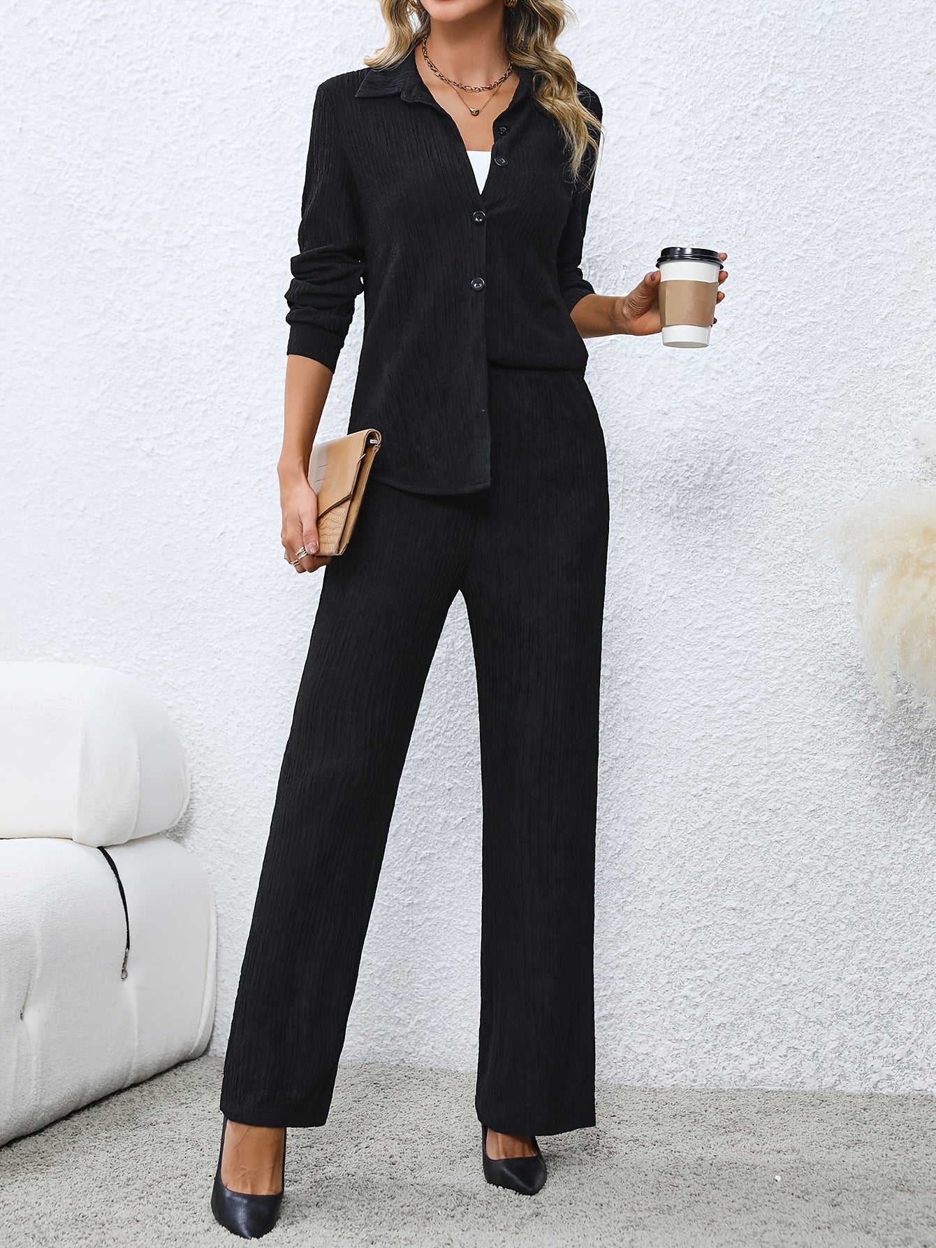 Solid Textured Two piece Set Button Front Shirt & Pants