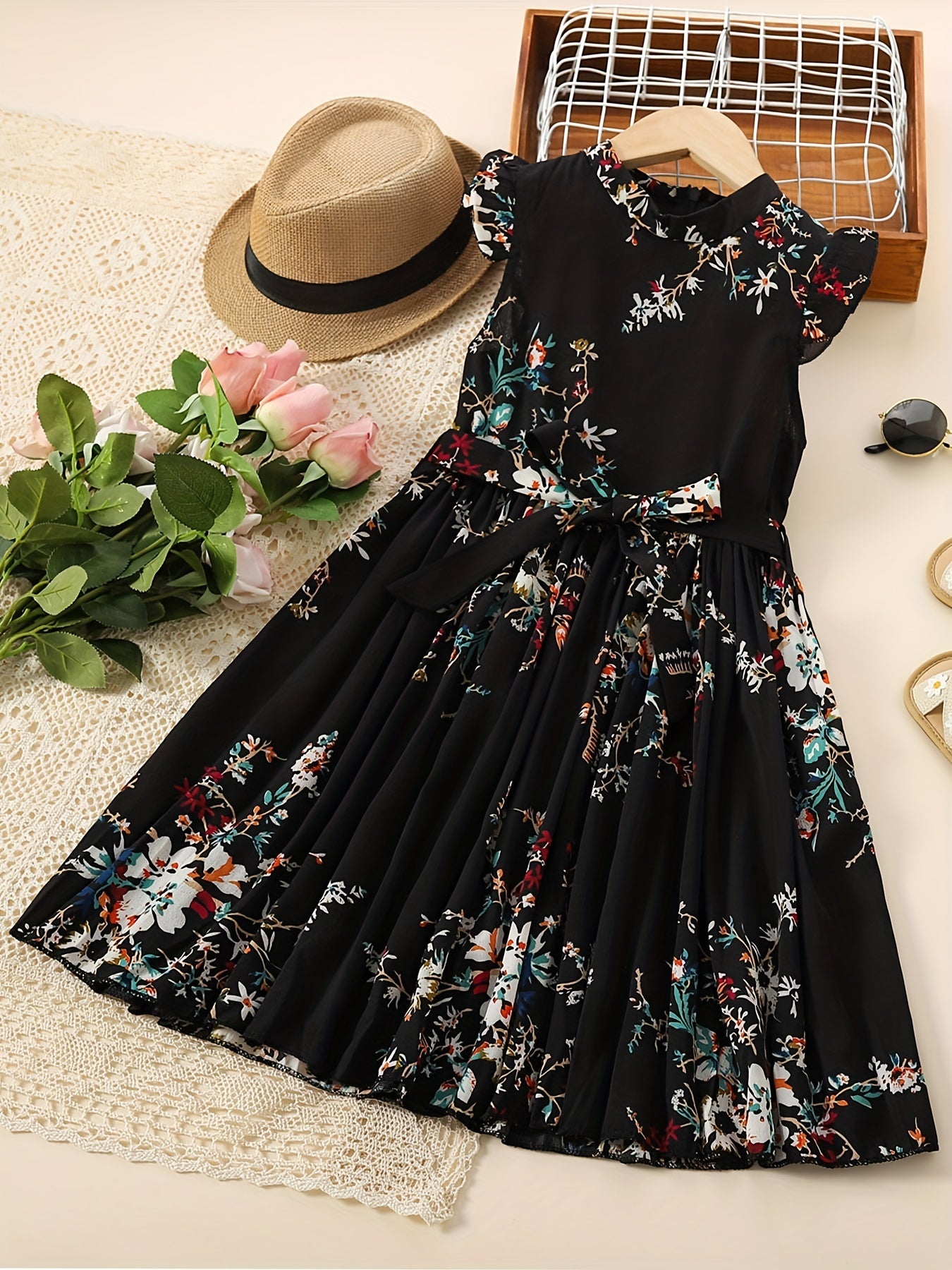 Girls Floral Print Bowknot Belt Pleated Dress for Party Vacation
