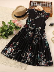 Girls Floral Print Bowknot Belt Pleated Dress for Party Vacation