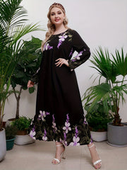 Women's Plus Floral Print Long Sleeve Maxi Tunic Dress