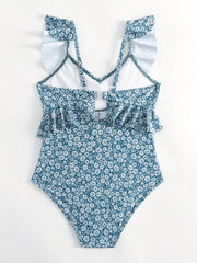 Girls Ruffle One Piece Swimsuit Floral Print Halter Neck for Beach Vacation