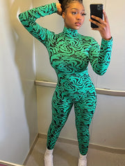 Turtleneck Jumpsuit Long Sleeve Allover Print Casual