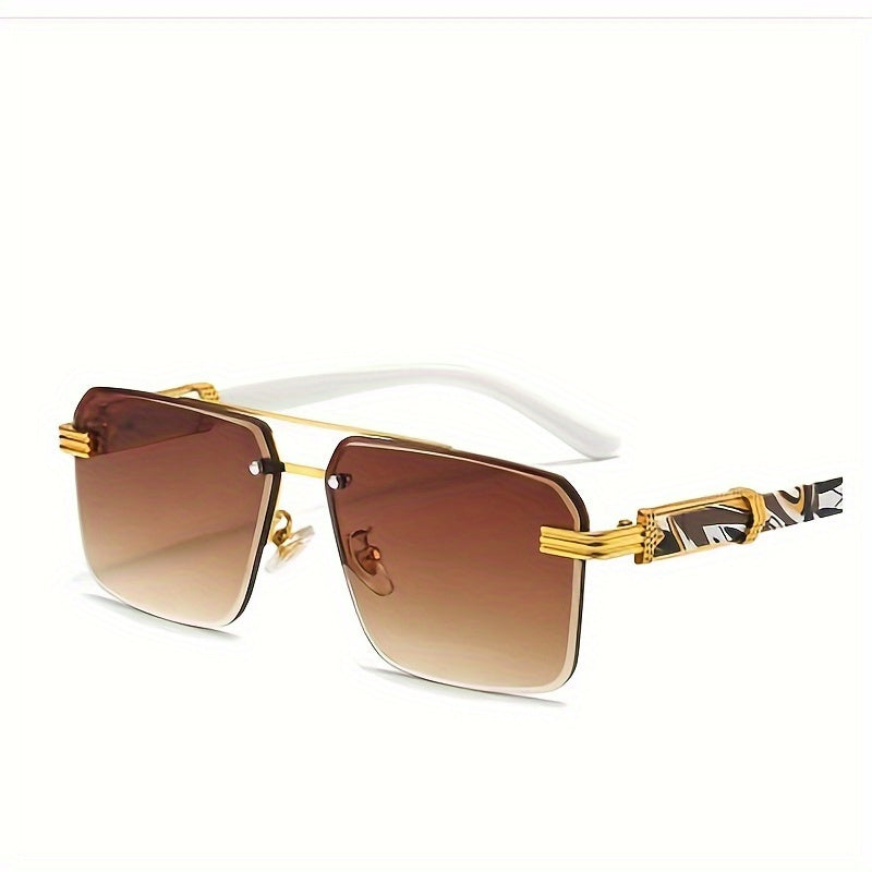 Men's Half Frame Square Sunglasses Wood Grain UV Protection