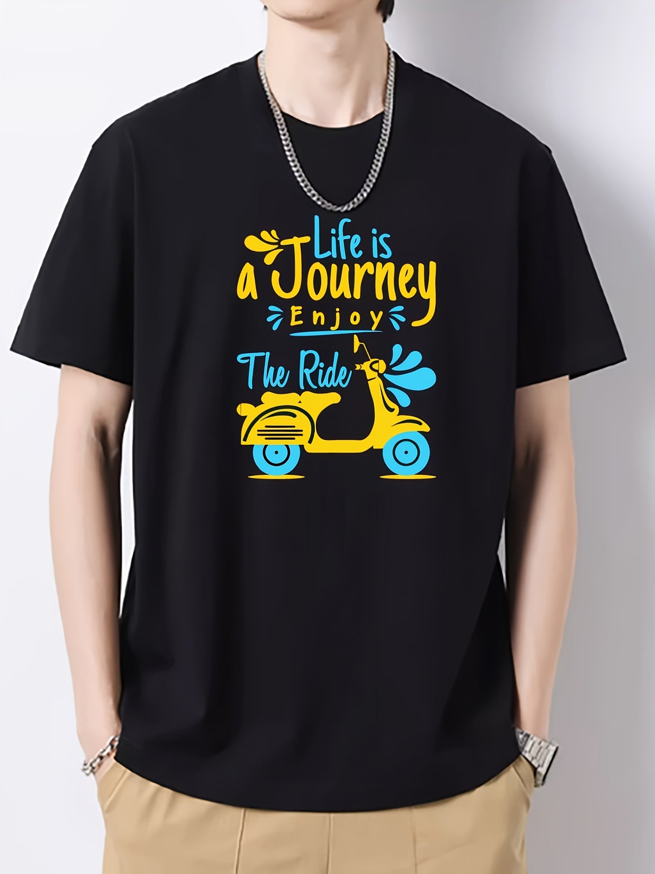 Men's Motor Pattern T Shirt Regular Fit Crew Neck Short Sleeve Casual Top
