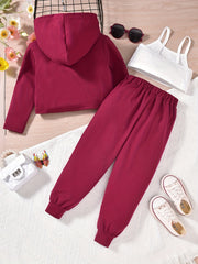 Girl's 3pcs Hoodie & Cami Top & Sweatpants Set BUTTERFLY AND FLOWERS Print