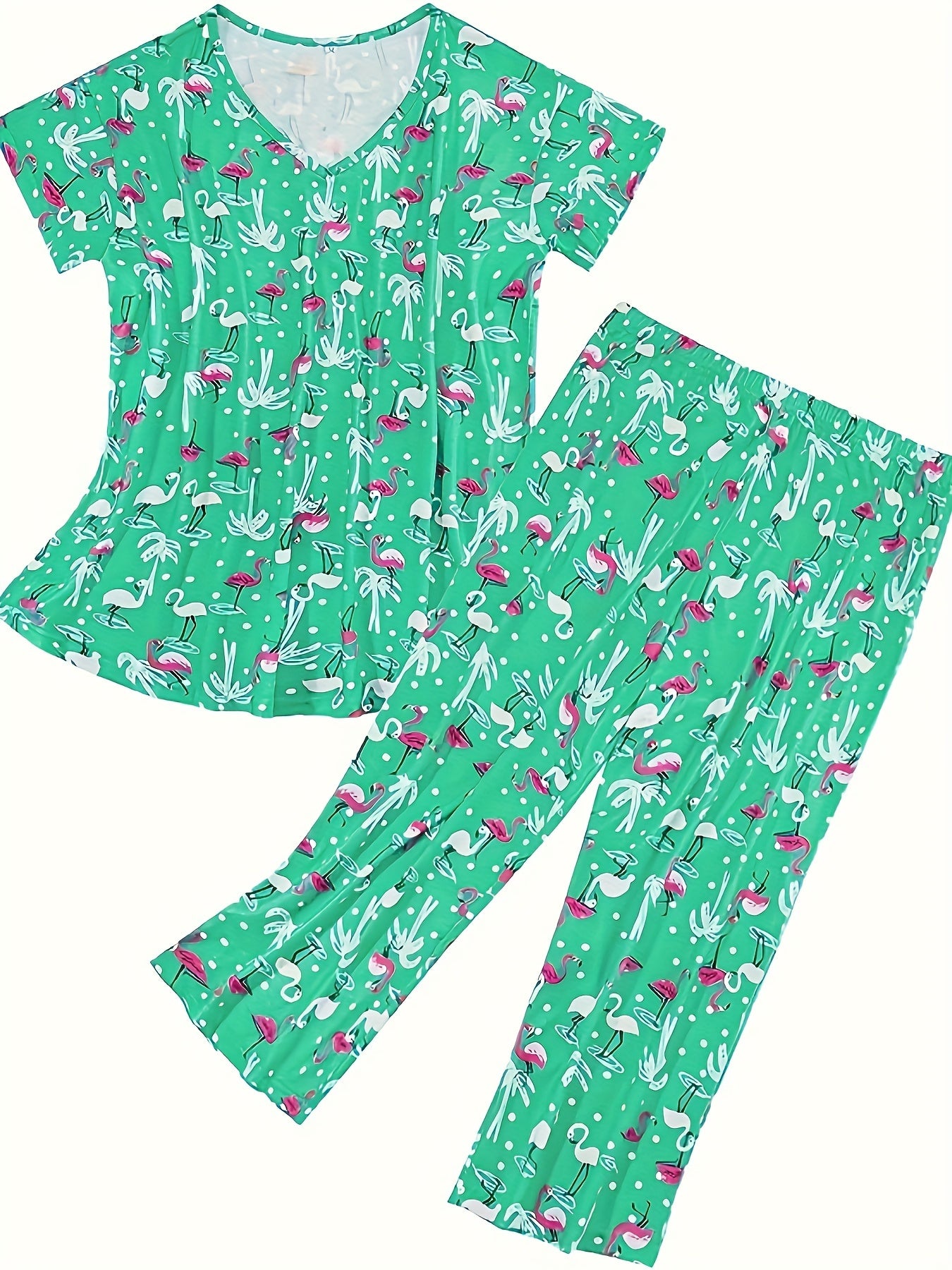 Flamingo & Coconut Tree Print V Neck Top & Pants Pajama Set