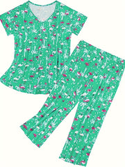 Flamingo & Coconut Tree Print V Neck Top & Pants Pajama Set