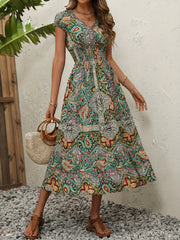 Paisley Print Boho Maxi Dress V Neck Short Sleeve