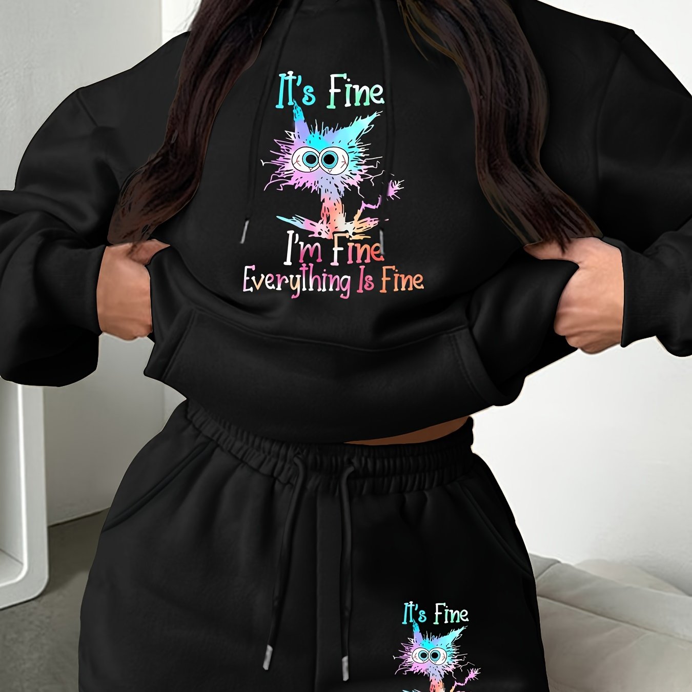 Women's Slogan & Cat Print Hoodie & Shorts Set