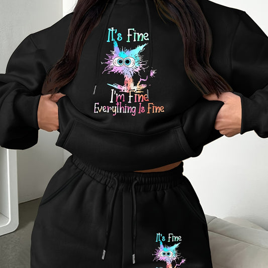 Women's Slogan & Cat Print Hoodie & Shorts Set