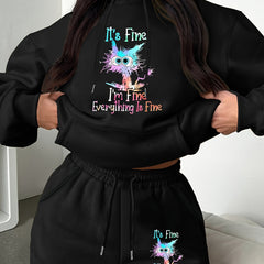 Women's Slogan & Cat Print Hoodie & Shorts Set