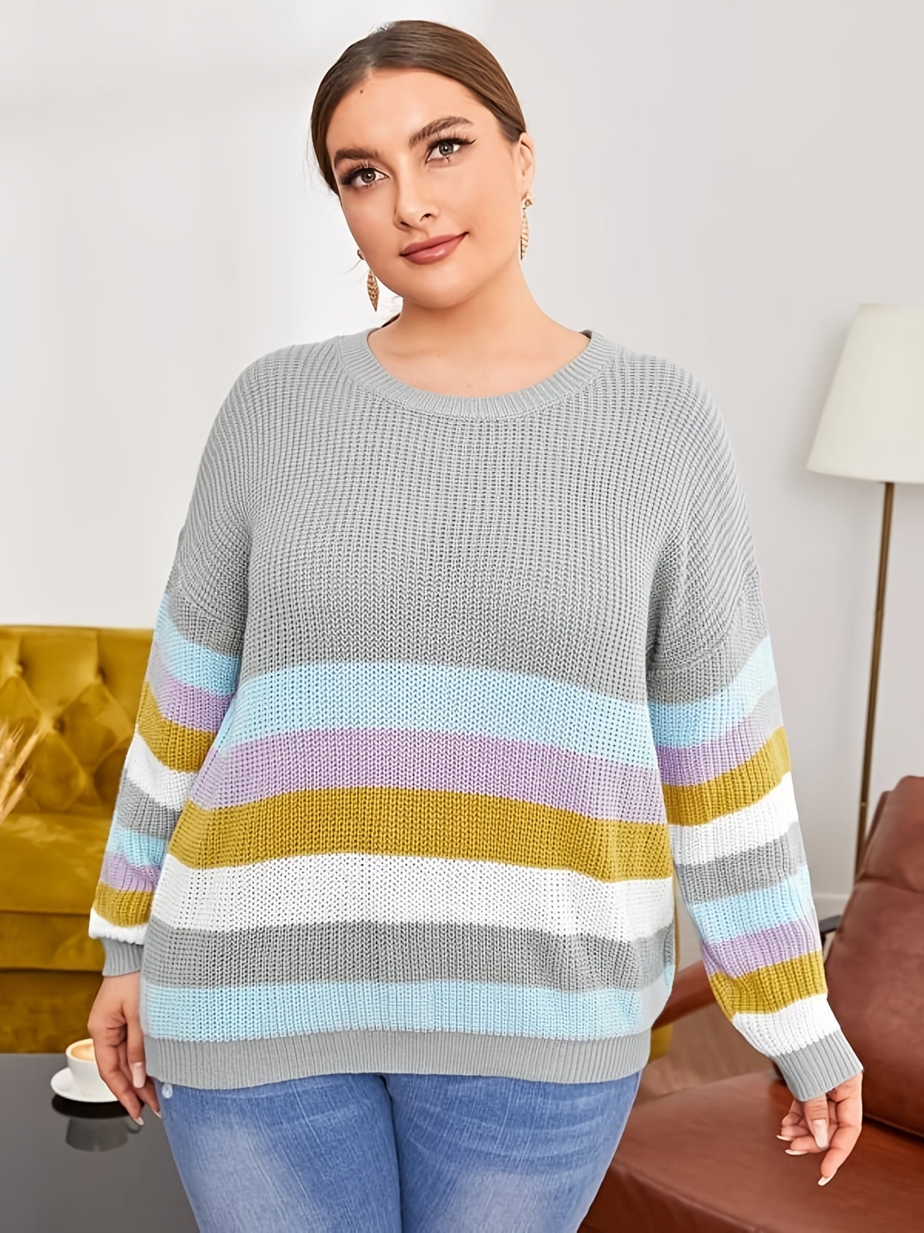 Colorblock Long Sleeve Sweater Women's Plus Casual Pullover Sweater