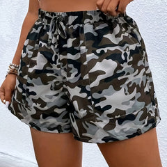 Women's Plus Camo Print Drawstring Elastic Shorts With Large Pocket