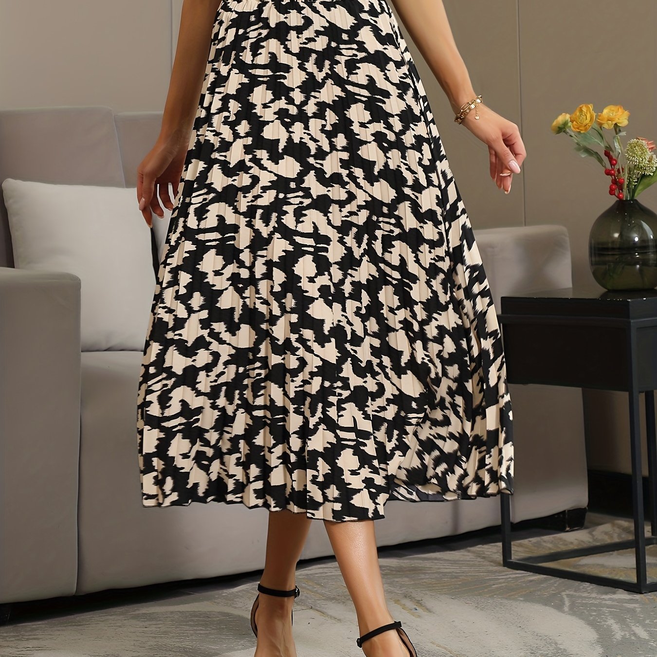 Printed Pleated Skirt Elastic Waist Spring & Summer Women's Clothing