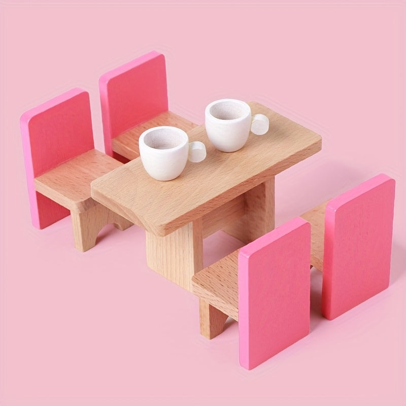 Wooden Dollhouse Family Room Toy Set for Kids