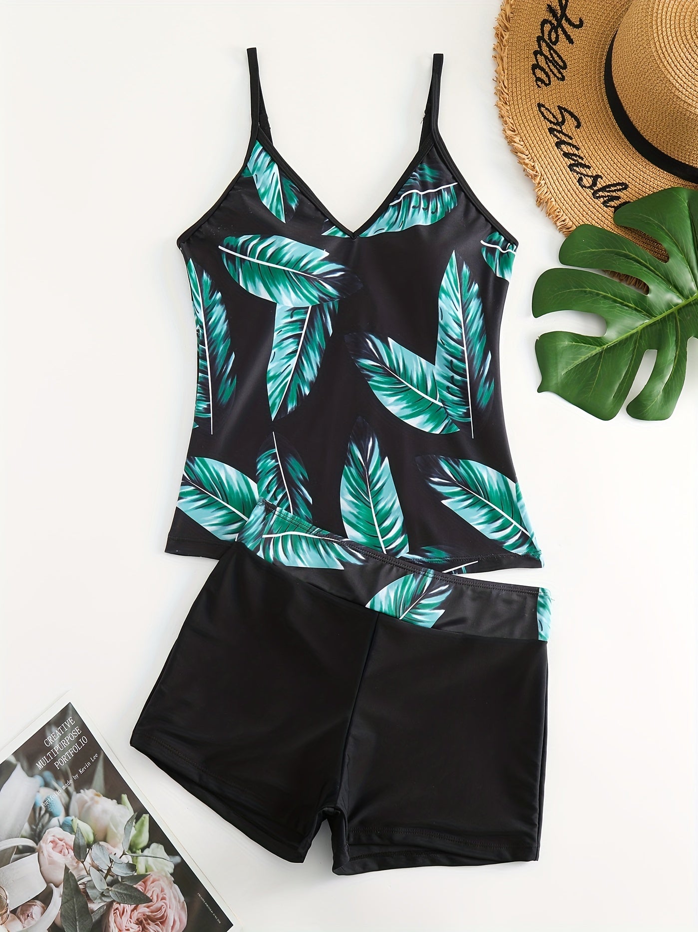 Striped Print Tankini Set Round Neck High Waist Swimsuit Women's Swimwear