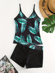 Striped Print Tankini Set Round Neck High Waist Swimsuit Women's Swimwear