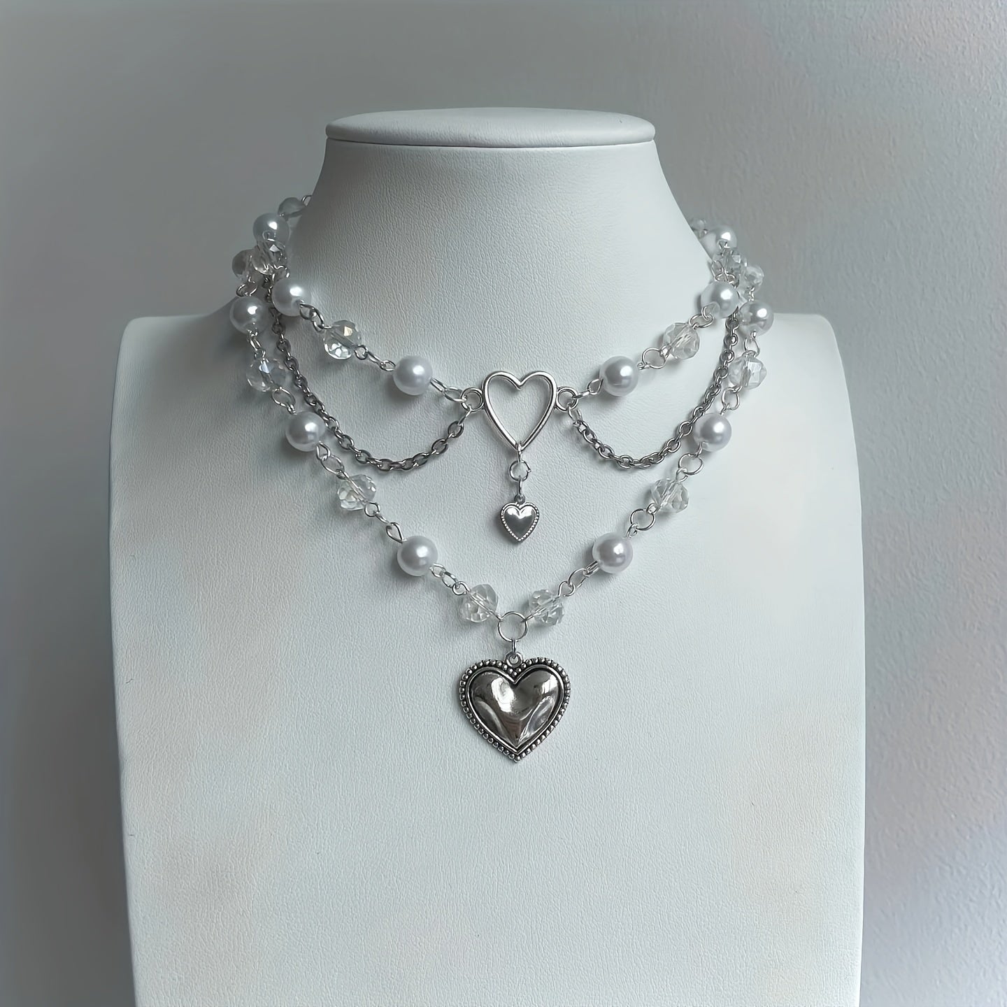 Silver Heart Beaded Choker Necklace Y2K Jewelry