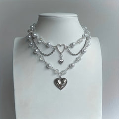 Silver Heart Beaded Choker Necklace Y2K Jewelry
