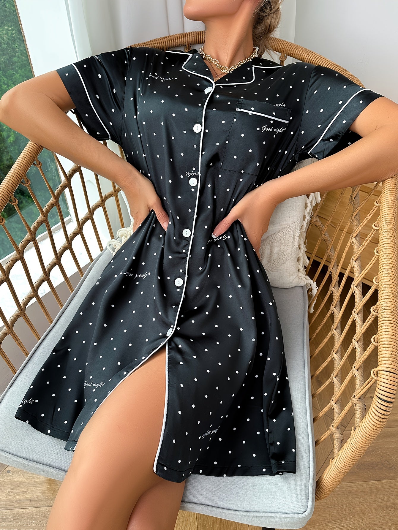 Polka Dot Satin NightDress Short Sleeve Pajama Dress Women's Sleepwear