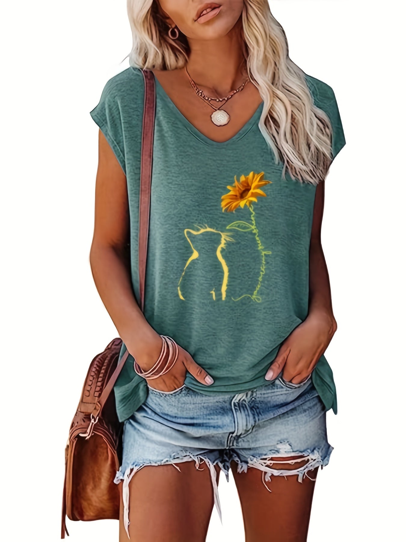 Cat & Sunflower Print Tank Top Cap Sleeve Women's Summer Casual Top