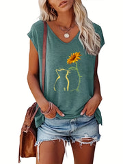 Cat & Sunflower Print Tank Top Cap Sleeve Women's Summer Casual Top