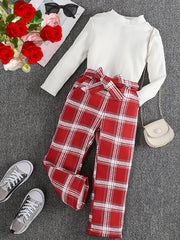 Girl's Ribbed Turtleneck Top & Plaid Belted Pants Set
