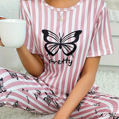 Butterfly Print Pajama Set Short Sleeve Top & Striped Pants Women's Sleepwear