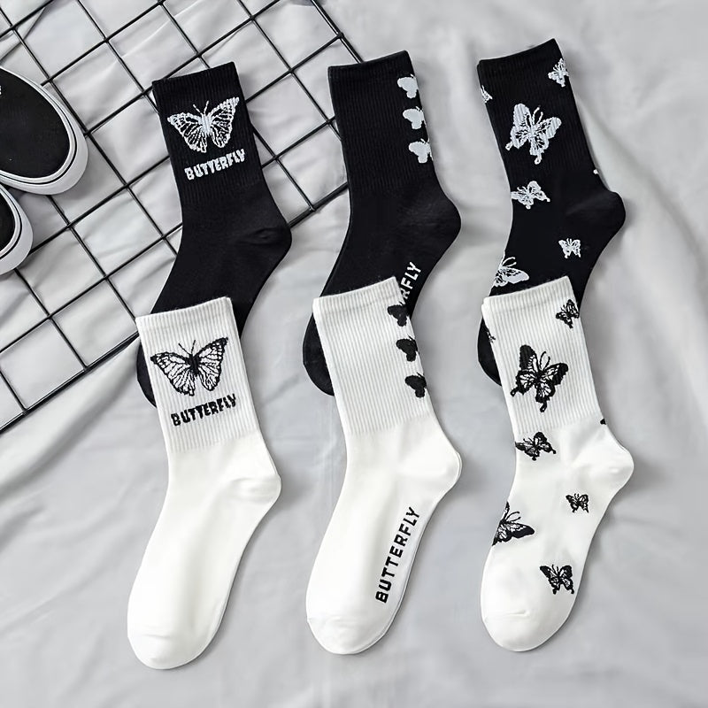 6 Pairs Butterfly Print Mid Tube Socks Women's Stockings
