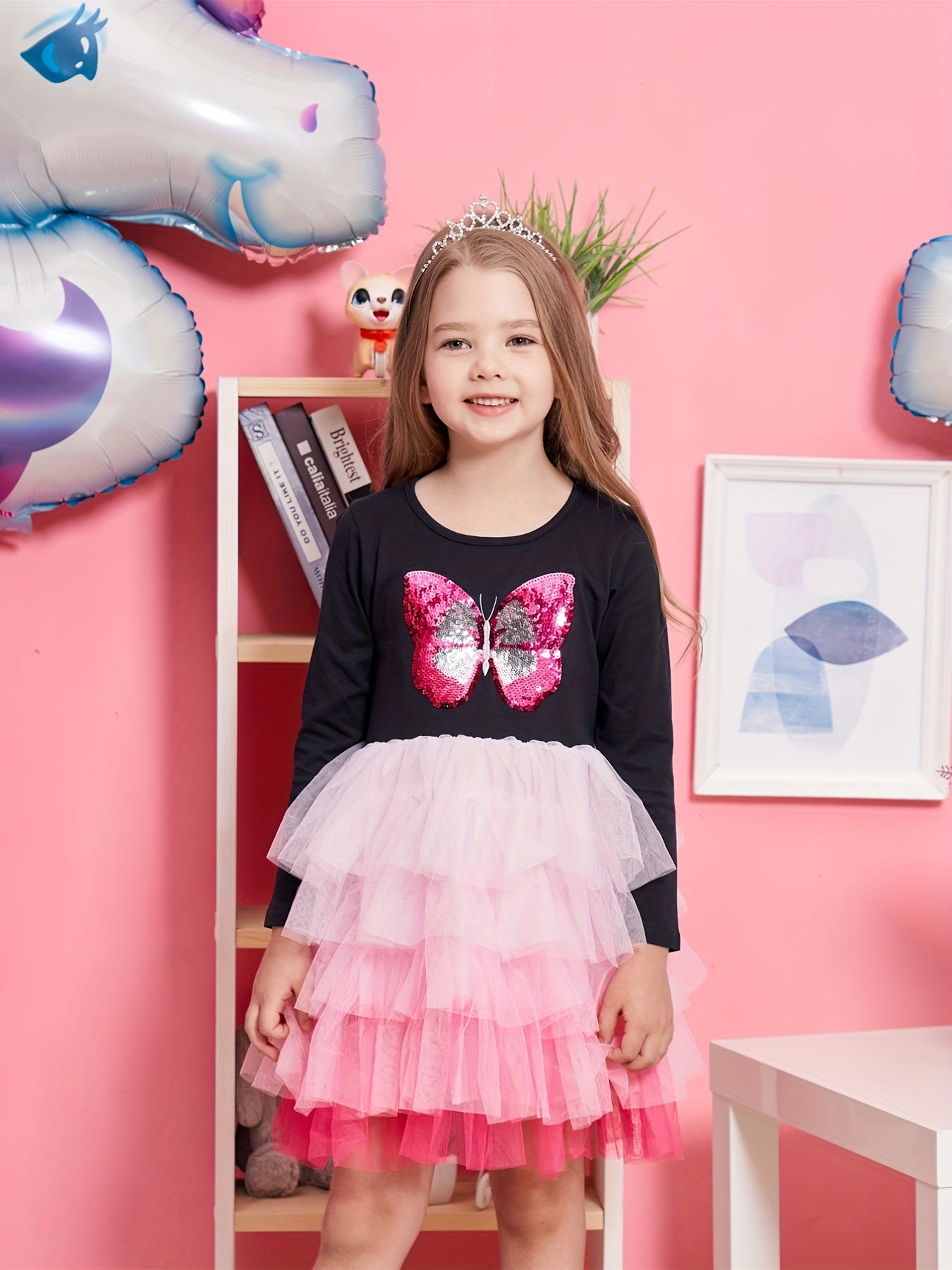 Girls Butterfly Embroidered Long Sleeve Tutu Dress Party Outfit
