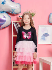 Girls Butterfly Embroidered Long Sleeve Tutu Dress Party Outfit