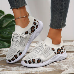 Leopard Printed Knitted Sports Shoes Low Top Running Casual Walking Sneakers