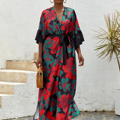 Boho Kimono Women's Plus Floral Print Ruffle Trim Open Front Kimono