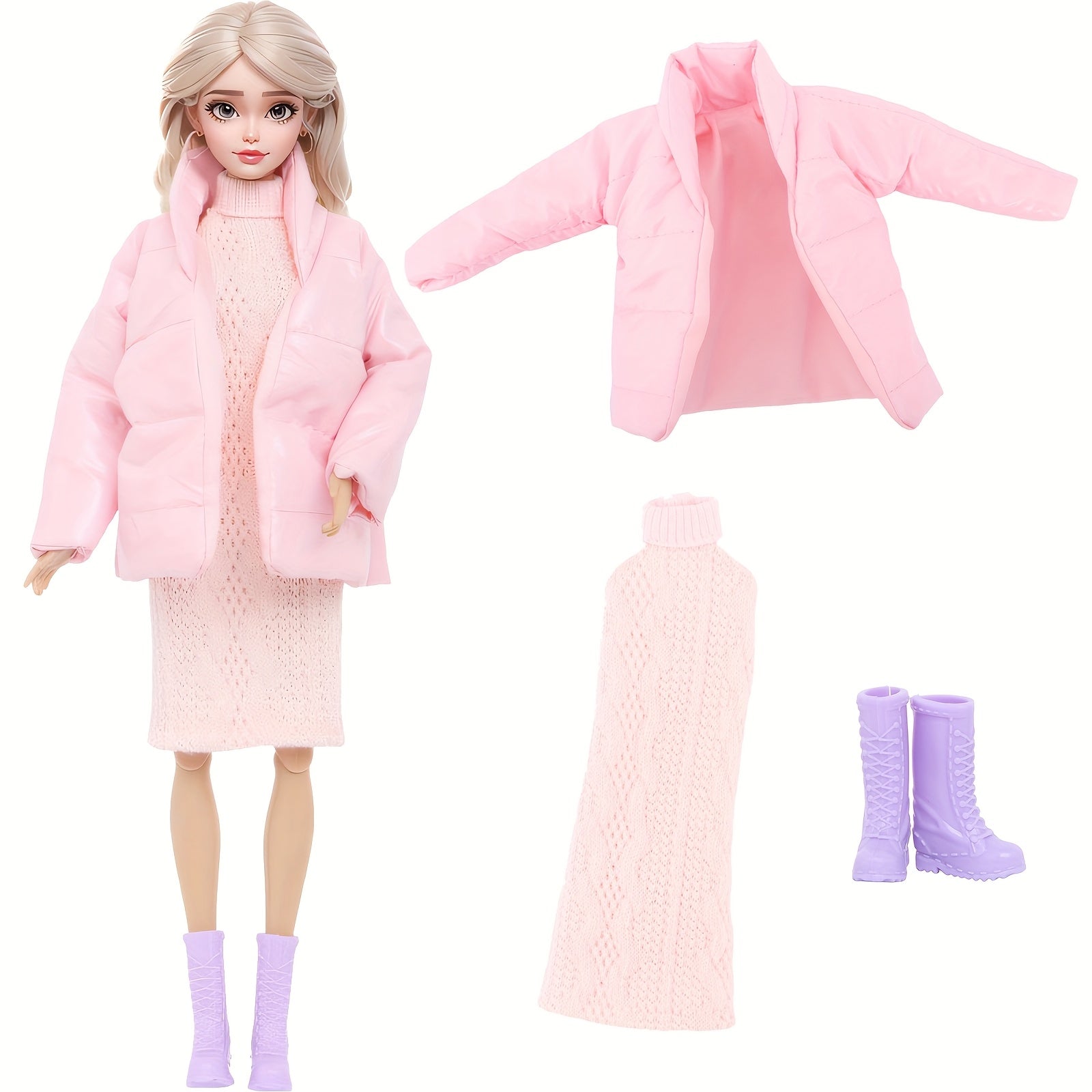 3pcs Doll Clothes Winter Coat Knitted Dress Skirt Boots High Heels No Dolls